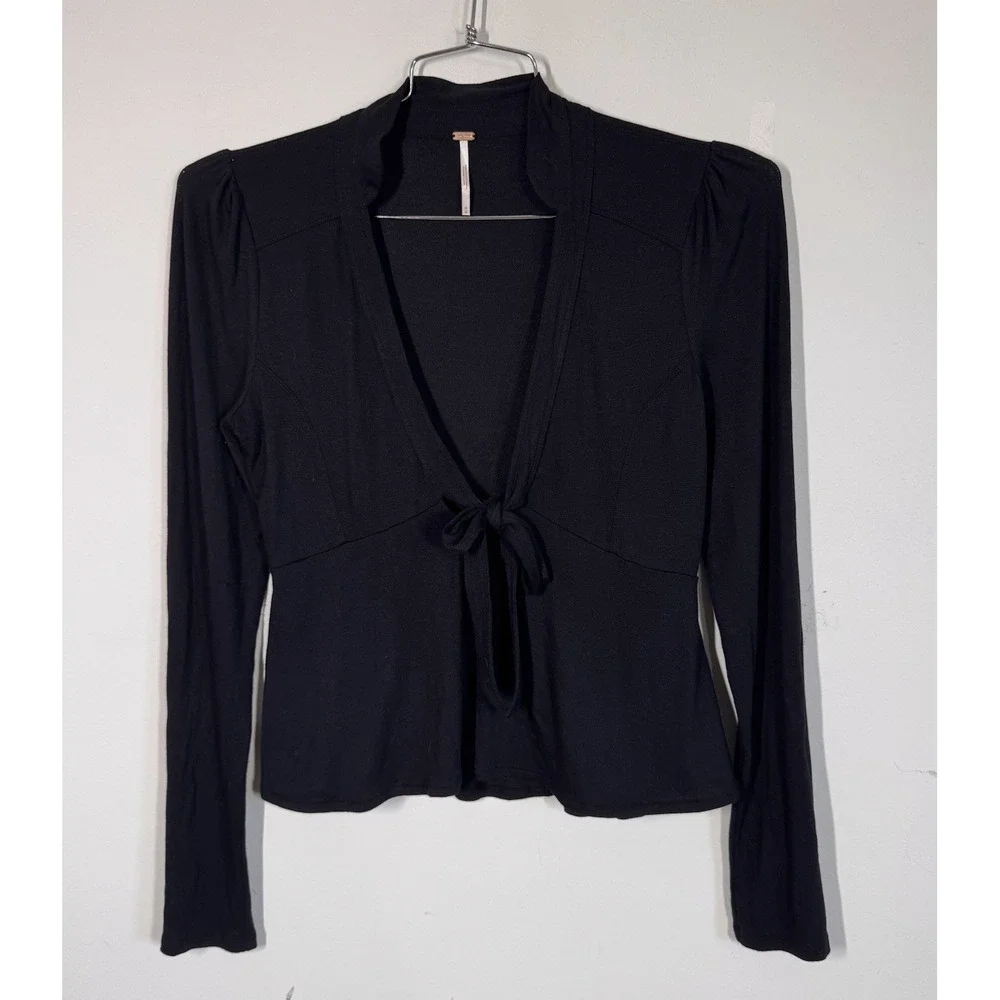 Free People Black Long Sleeve Cropped Tie Front Babydoll Top Womens M Whimsigoth